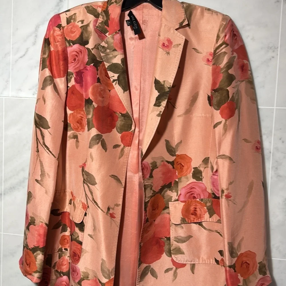 Anne Klein Statement Floral Pink 100% Silk  Long Blazer size 8